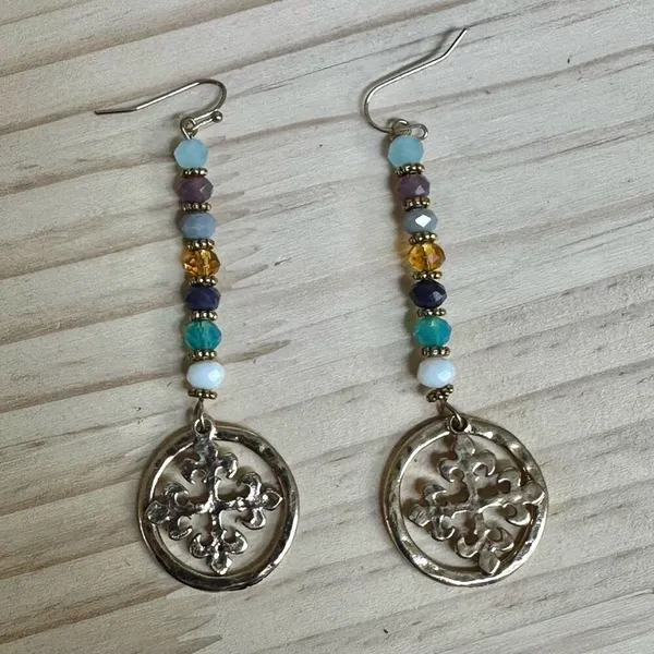 Boho Beaded Dangle Earrings w/ Gold Medallion - Image 9