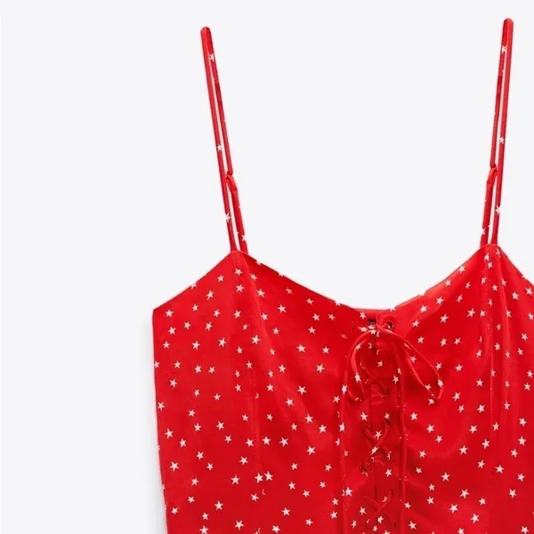 NWT Zara Satin Star Print Thong Bodysuit‎ in Red Size Medium - Image 2
