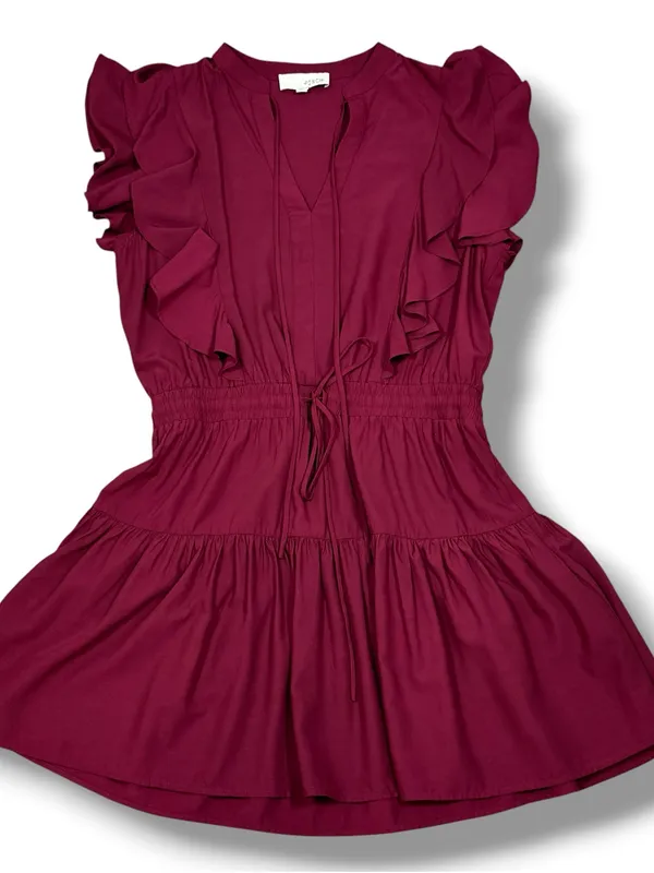 Pinch Isla Flutter Sleeve Tiered Mini Dress Burgundy Maroon Red Medium - Image 12