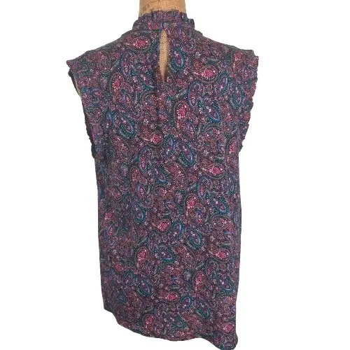 LOFT Multicolor Paisley Sleeveless Ruffle Neck Blouse Mixed Media Size Medium - Image 3