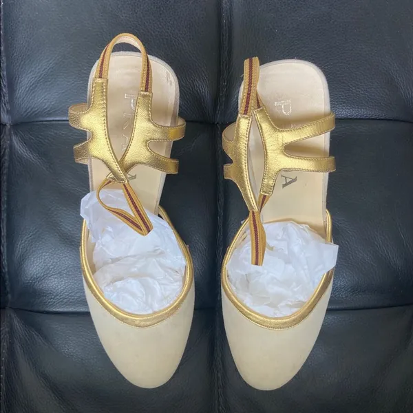 Prada Gold and Cream Slingback Heels - Image 3