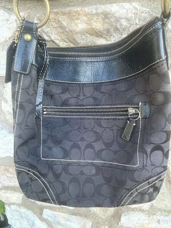 Coach #10403 purse black signature logo jacquard bronze hardware - Image 2