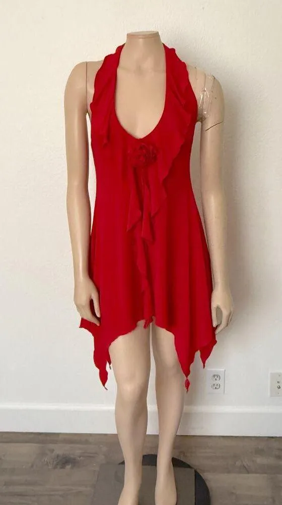 [White Fox] Red Y2K Ruffle Halter Neck Asymmetrical Hem Mini Dress Size Large L - Image 2