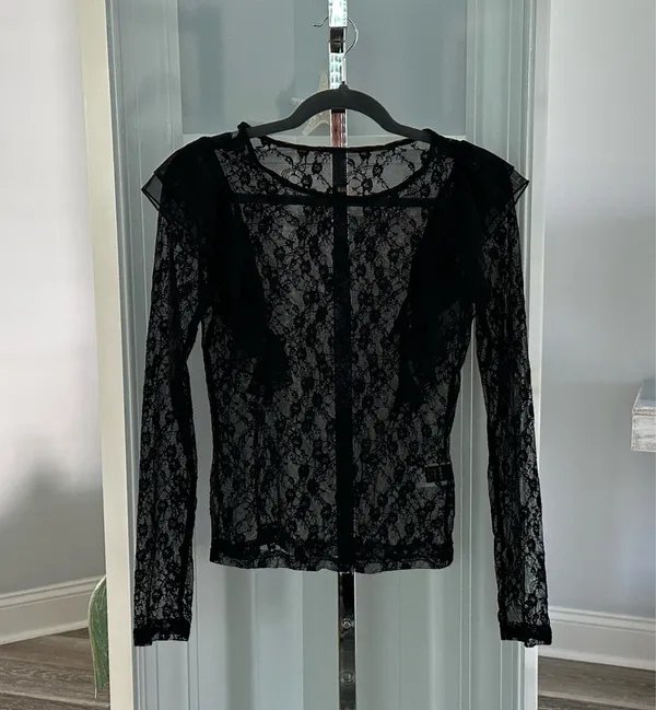 NWT SHEIN Sz S Sheer Black Lace Top w Ruffle Accents Cute! - Image 7