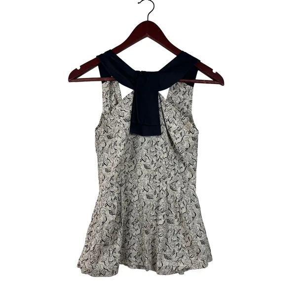 Girls from Savoy‎ Peplum Top Women Size 0 Cream Black Floral Halter Tie Back - Image 2