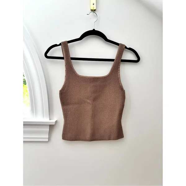 Aritzia Babaton Sculpt Knit Squareneck Cropped Ribbed Tank Small Taupe Tan Beige - Image 4
