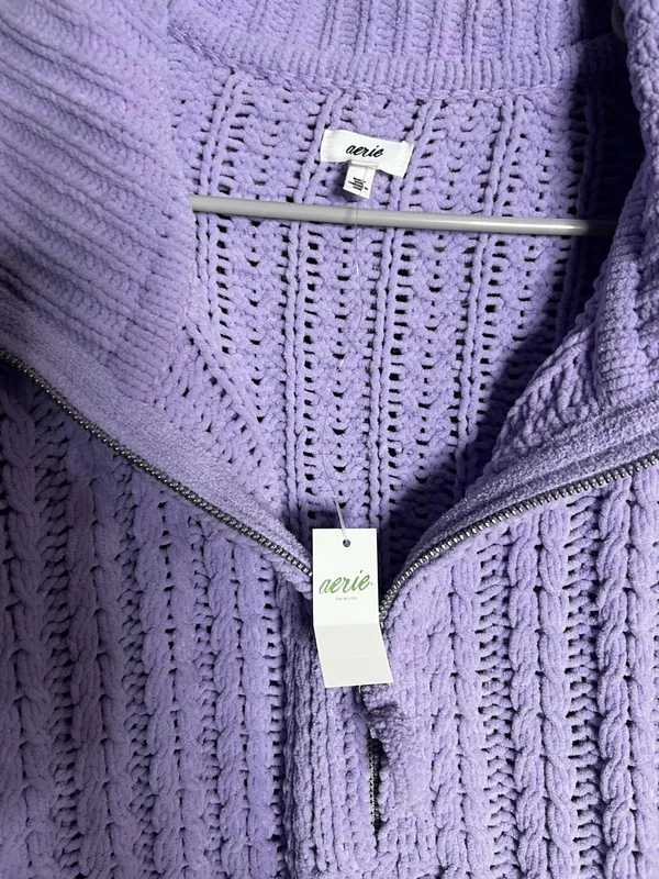 Aerie Lavender Cable Knit Quarter Zip Sweater XL Cozy Oversized Pullover - Image 3