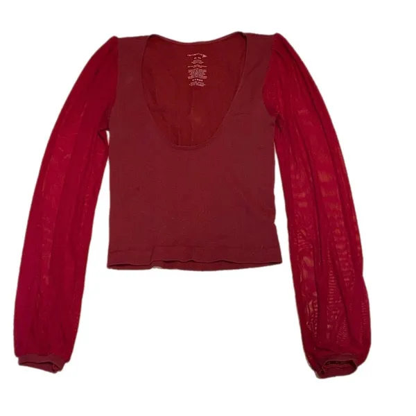 Intimately‎ Free People Wine Red Sheer Mesh Long Sleeve Ribbed Crop Top M/L - Image 3