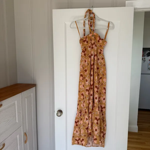 Aerie Orange Tribal Boho Braided Halter Neck Maxi Linen Blend Sun Dress NWOT - Image 3