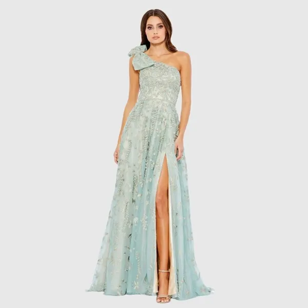 MAC DUGGAL Green Size 10 Embroidered Beaded Bow Formal Long Maxi Gown Dress - Image 3