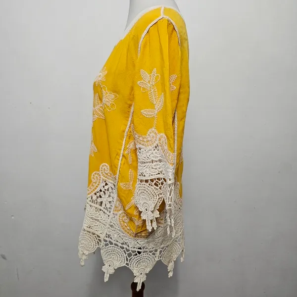 Cato Sunflower Yellow Embroidered Crochet Trim Tunic Size Large - Image 2
