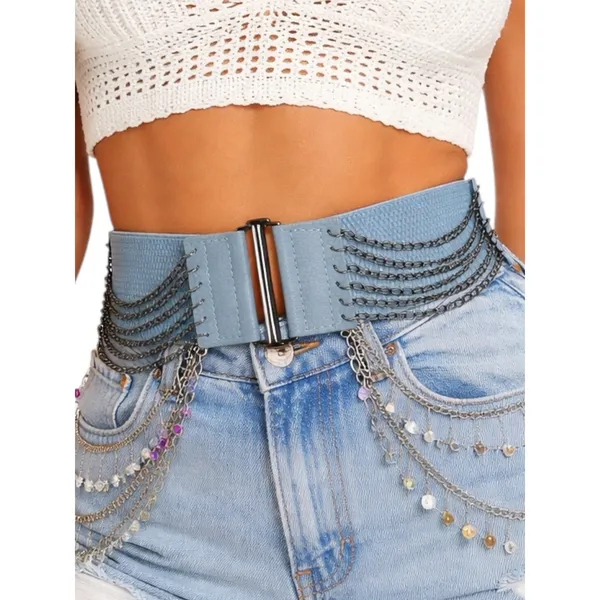 Vintage Y2K Gray Leather Layered Chain Belt Festival Statement Edgy Accessory‎ - Image 2