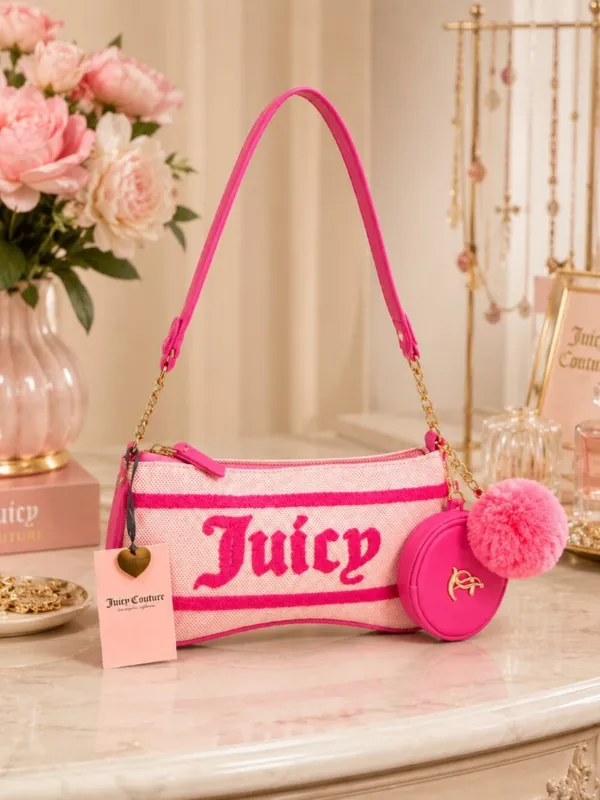 Juicy Couture Juicy Resort Pink Chenille Baguette Bag Coin Pouch NWT - Image 4