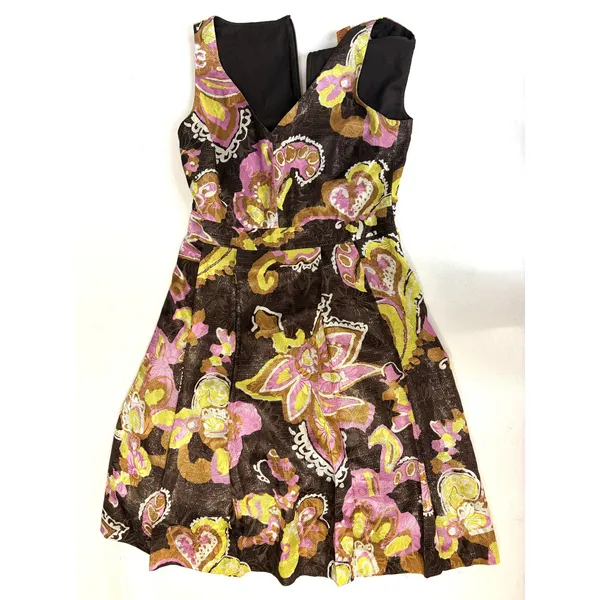 Tory Burch Silk Metallic Paisley Floral V-Neck Fit & Flare Cocktail Dress 4 - Image 6