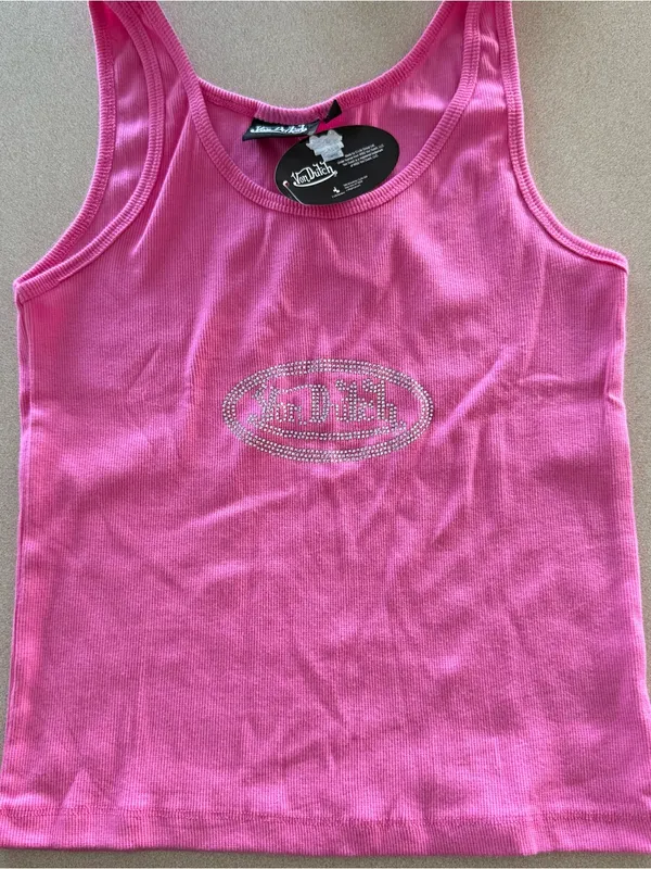 Von Dutch Hot Pink Rhinestone Logo Ribbed Tank size X-Large - Image 3
