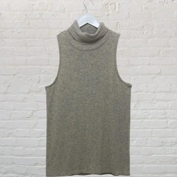 Feel The Piece Oatmeal Sleeveless Knit Turtleneck Top M/L Ribbed Luxe Boho - Image 3