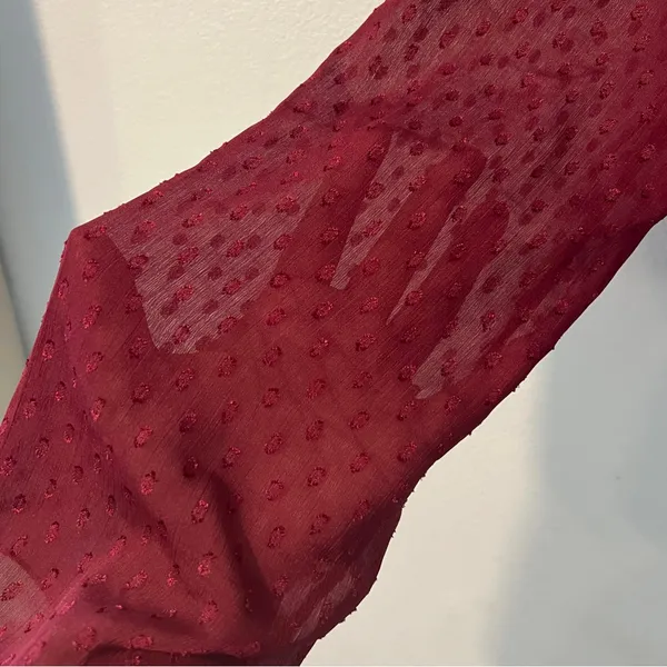 Kirious LA Burgundy Swiss Dot Chiffon Bell Sleeve Tie Back‎ Cutout Crop Top L - Image 4
