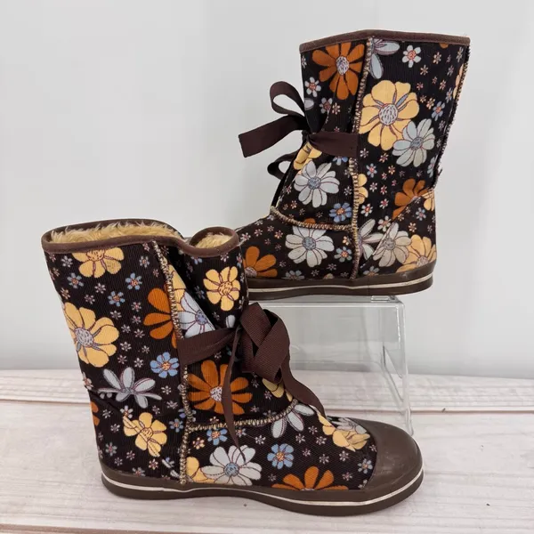 No Boundaries Lexie Boots Brown Corduroy Retro Floral Flower Power Boho Hippie 8 - Image 4