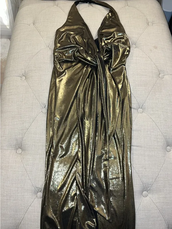 SHEIN Metallic Gold Plunge Tie-Front Maxi Dress - Image 2