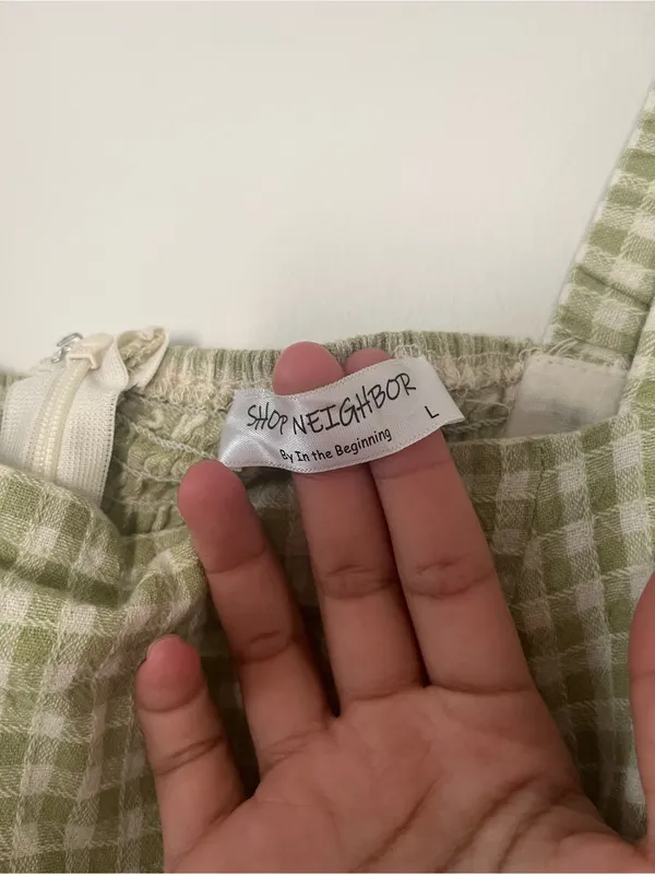 Sage Green White Gingham Puff Sleeve Mini Dress Large Cottagecore Western Farm - Image 4