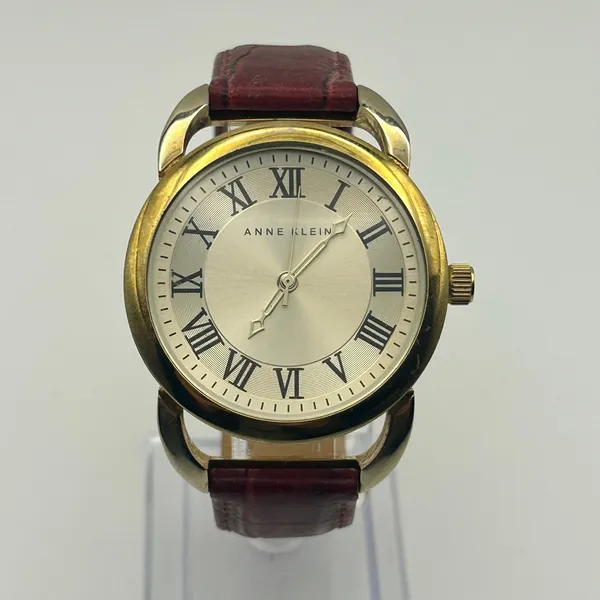 Anne Klein Gold Tone Red Genuine Leather Roman Numerals Markers Women’s Watch - Image 2