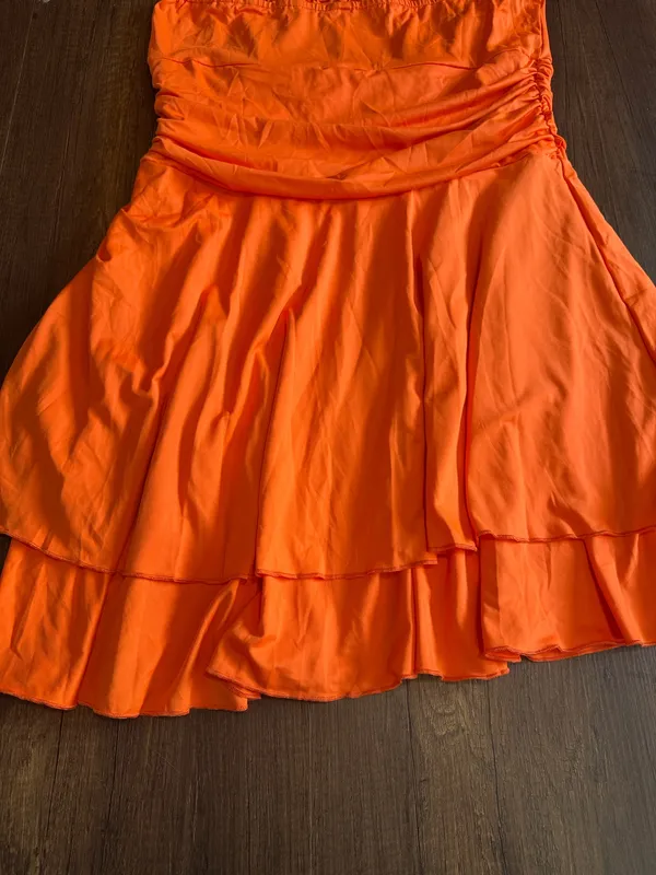 Women’s Orange Strapless Ruched Flare Dress Size XL Layered Skirt - Image 8