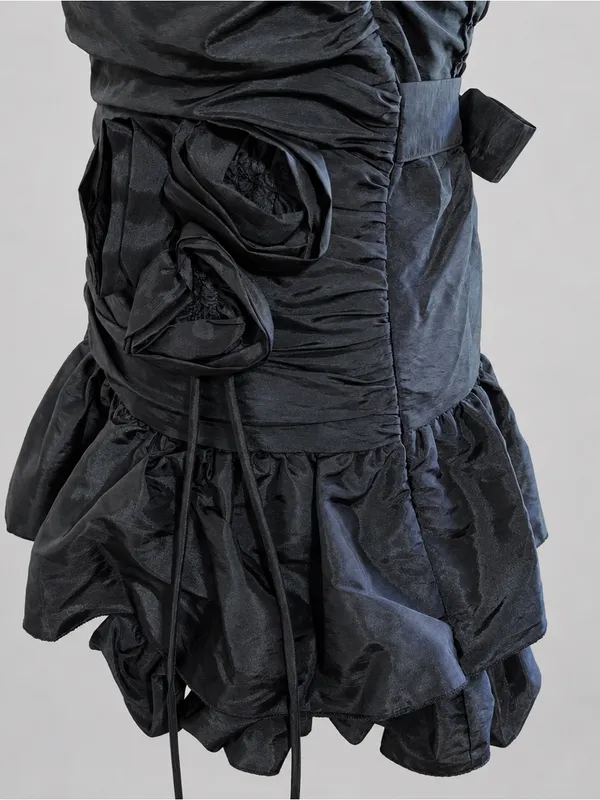 Zemeta Black Rose Strapless Ruched Rosette Bubble Mini Dress XS 3D - Image 11