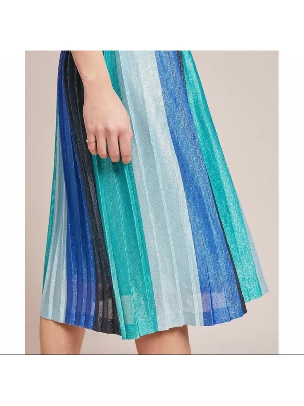 Maeve Anthropologie Sunburst Metallic Blue Pleated Midi Skirt Paneled Patchwork - Image 9