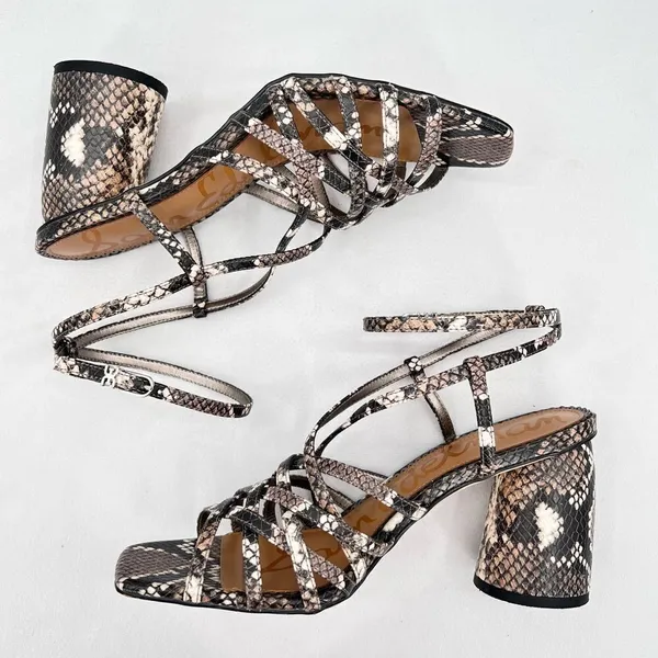 Sam Edelman Daffodil Taupe Snakeprint Ankle Wrap Block Heel Strappy Sandals Sz 9 - Image 6
