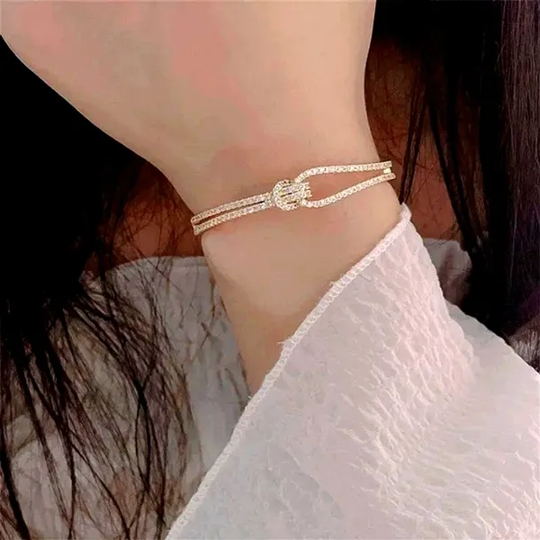 Women's 18k Gold‎ Plated Knot Bling Simulated Diamond Cuff Bracelet, Adjustable - Image 7