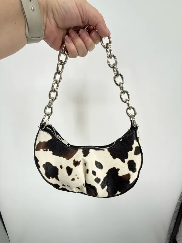 Cow Print Crossbody Purse Handbag Small Shoulder Bag Silver Chain Zip Closure - Image 4