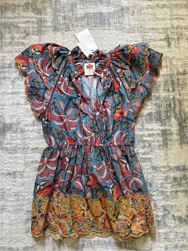 NWT FARM Rio Anthropologie Ruffled Short Dress — Blue with Coral & Mustard - Image 2