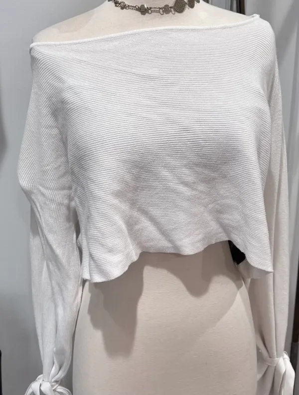 Zara White Knit Ribbed Cropped Top with Tie Cuff Bell Sleeves - Image 2