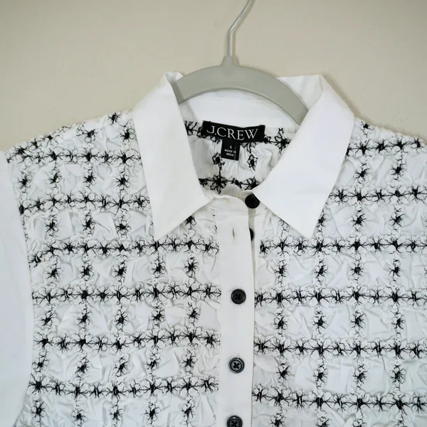 J. Crew Small White Smocked Embroidered Short Sleeve Button Up Chic Feminine - Image 3