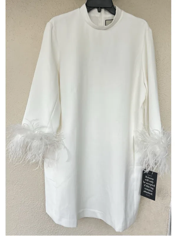 Tuckernuck Women's White Feather Cuff Shift Ellie Mini Dress 2XL Wedding Bridal - Image 4