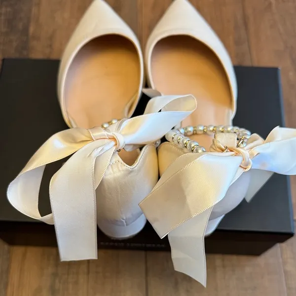 Azazie Cream Heels with Bow and Pearl Accent - Image 10