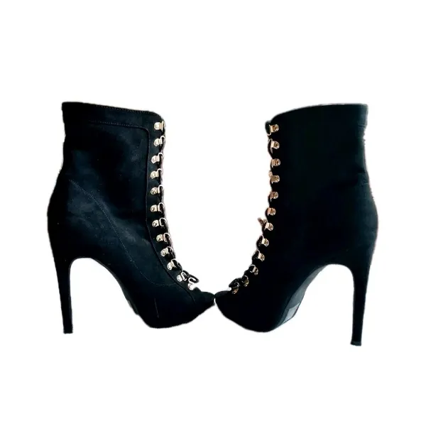 NWOB Wild Diva Black Vegan Suede Stiletto Boots with Gold Accents Size 8 - Image 9