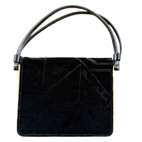 VTG Black Velvet Evening Handbag Gold Frame Retro Geometric Whimsigoth Purse - Image 2