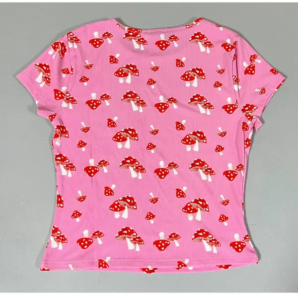 Pink Red Mushroom Fairycore Print Short Sleeve Tee T-Shirt Top Blouse Size S 🍄✨ - Image 4