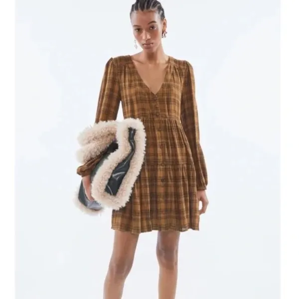 NWT Urban Outfitters Plaid Long Sleeve Babydoll Dress Small - Image 2