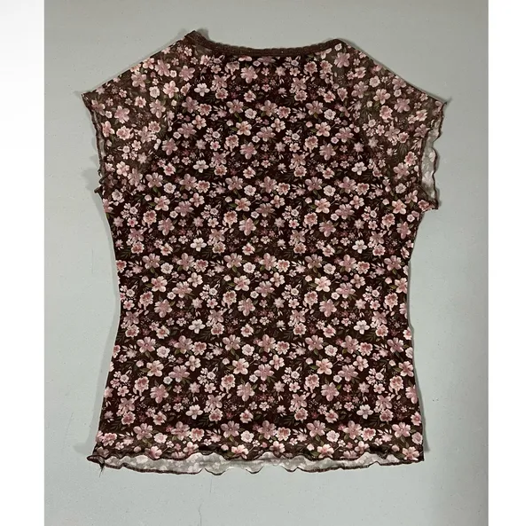 Brown Pink Floral Lace Bow Short Sleeve Tee T-Shirt Top Blouse Size M 🌸✨l - Image 4