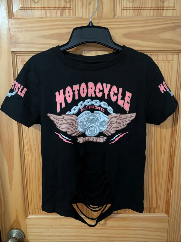 On Fire Black Motorcycle Distressed Graphic Tee L - Image 3