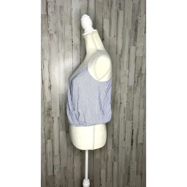 Brandy Melville Women's OSFM Blue/White Striped Wrap Cropped‎ Tank Top - Image 4