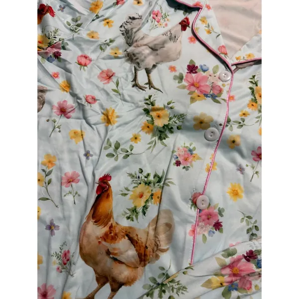NIB- Farmhouse Chicken Floral Pajama Set Short Sleeve Button Down Shorts- L - Image 3
