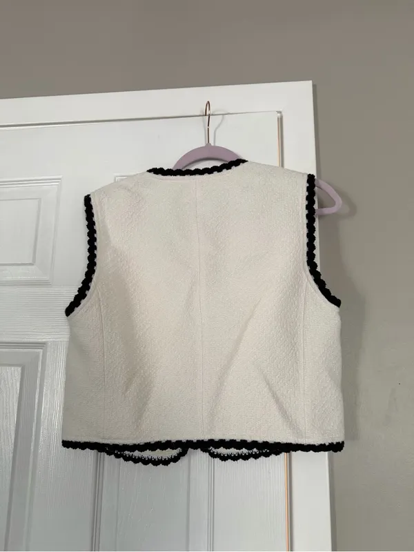 Maje Vitosio Tweed Vest Jacket Cream Black Lace Trim EU40 - Image 6