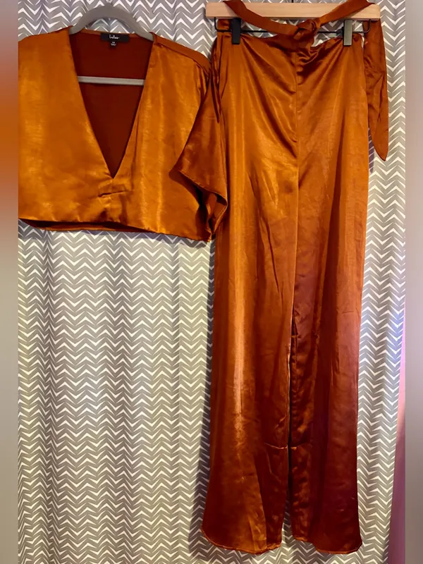Lulus | Flirt For Fun Rust Brown Tie-Front Two-Piece Wide-Leg Jumpsuit, XS - Image 7