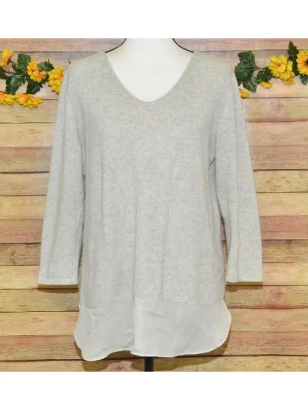 Neiman Marcus Cashmere Sweater L Beige 100% Cashmere Silk Hem V Neck Tunic - Image 2