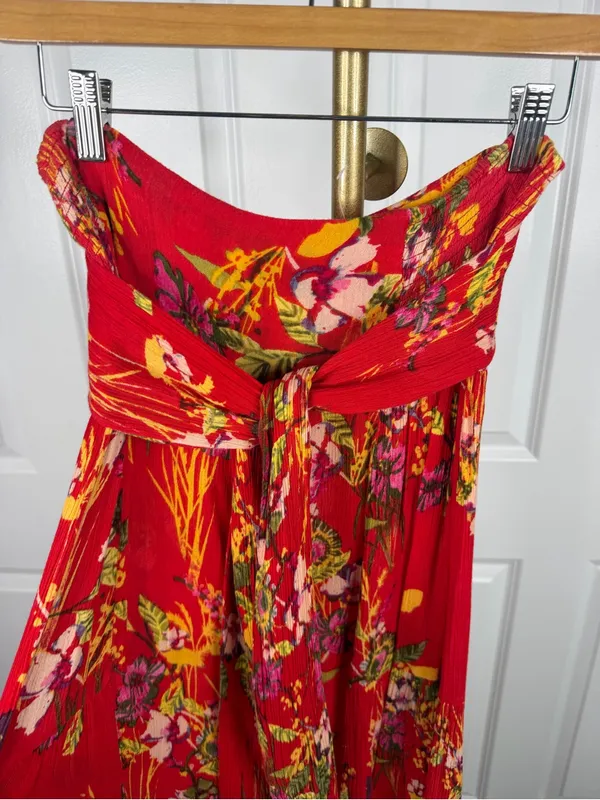 Free People Red Floral Wide Leg Pants Size M Boho High Rise Rayon - Image 3