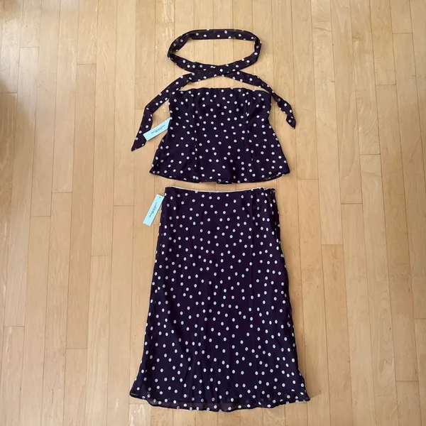 Princess Polly Sydni chocolate brown and pink polka dot scarf strapless top and midi skirt set - Image 2