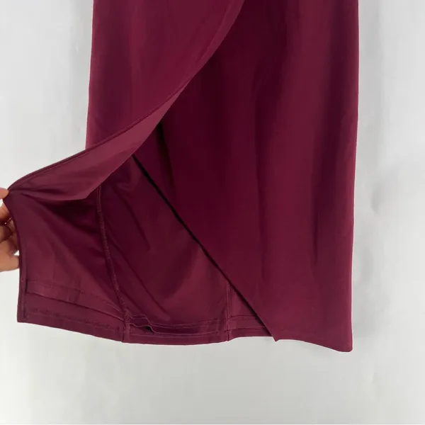 Lulus Burgundy Stretch Crepe‎ Off The Shoulder 3/4 Sleeve Faux Wrap Midi Dress - Image 6